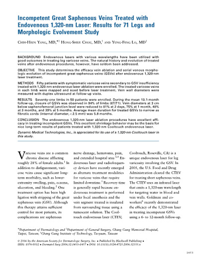 Incompetent Great Saphenous Veins Treated with Endovenous 1,320-nm Laser: Results for 71 Legs and Morphologic Evolvement Study